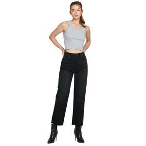 NWT Hidden Tracey High Rise Button Fly Raw Hem Straight Jeans Black Women 27